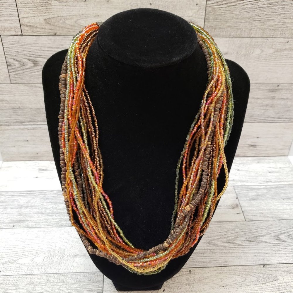 Coldwater Creek Multi Strand Necklace Seed Bead Green Brown Gold Glass and Wood